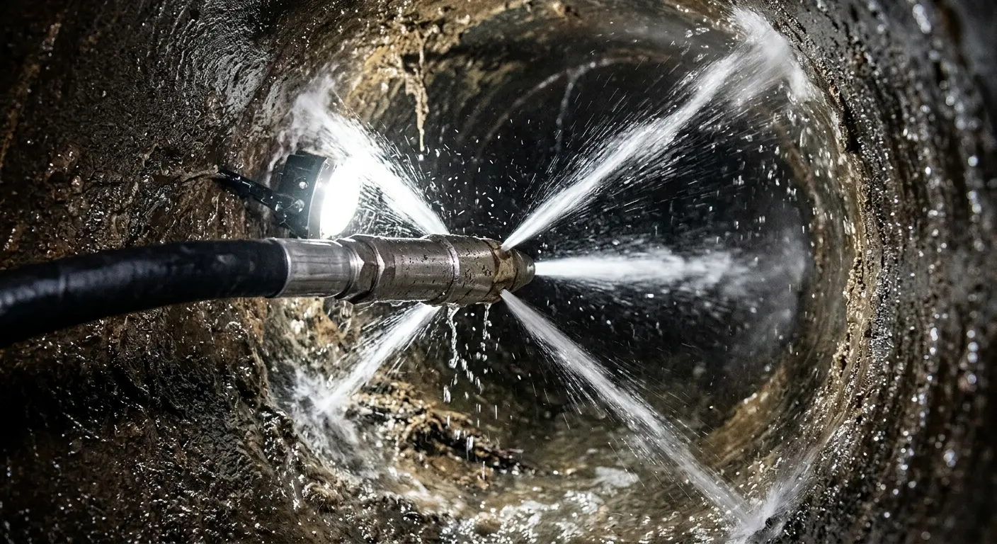 High-pressure hydro jetting nozzle cleaning sewer pipe for Sewer Cleanout in Lake Bluff
