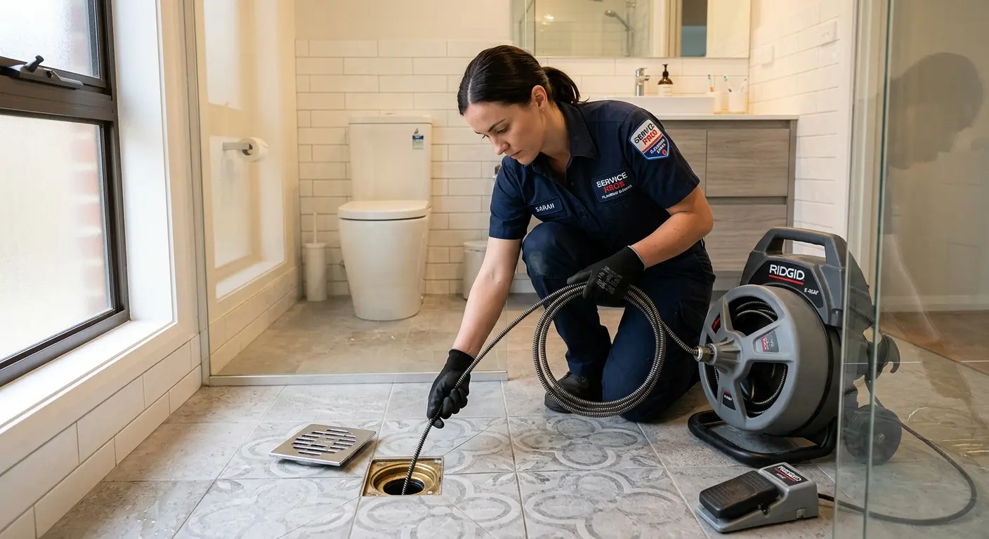 Technician clearing a bathroom floor drain for Hydro Jetting in Lake Bluff